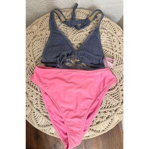 Wild Fable Bikini Blue Denim Look Triangle Halter Top and Light Pink Bottoms Siz